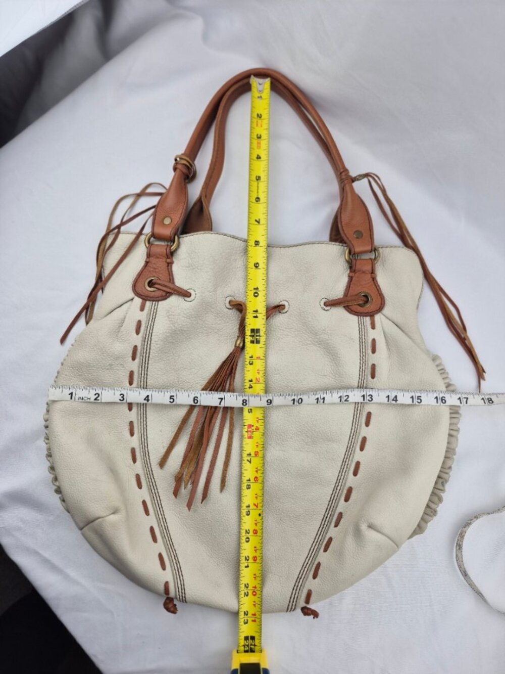 Lucky Brand Cream Pebble Leather Hobo Slouchy Y2K Fringe Tassel Whip Stitch Bag - Picture 16 of 16